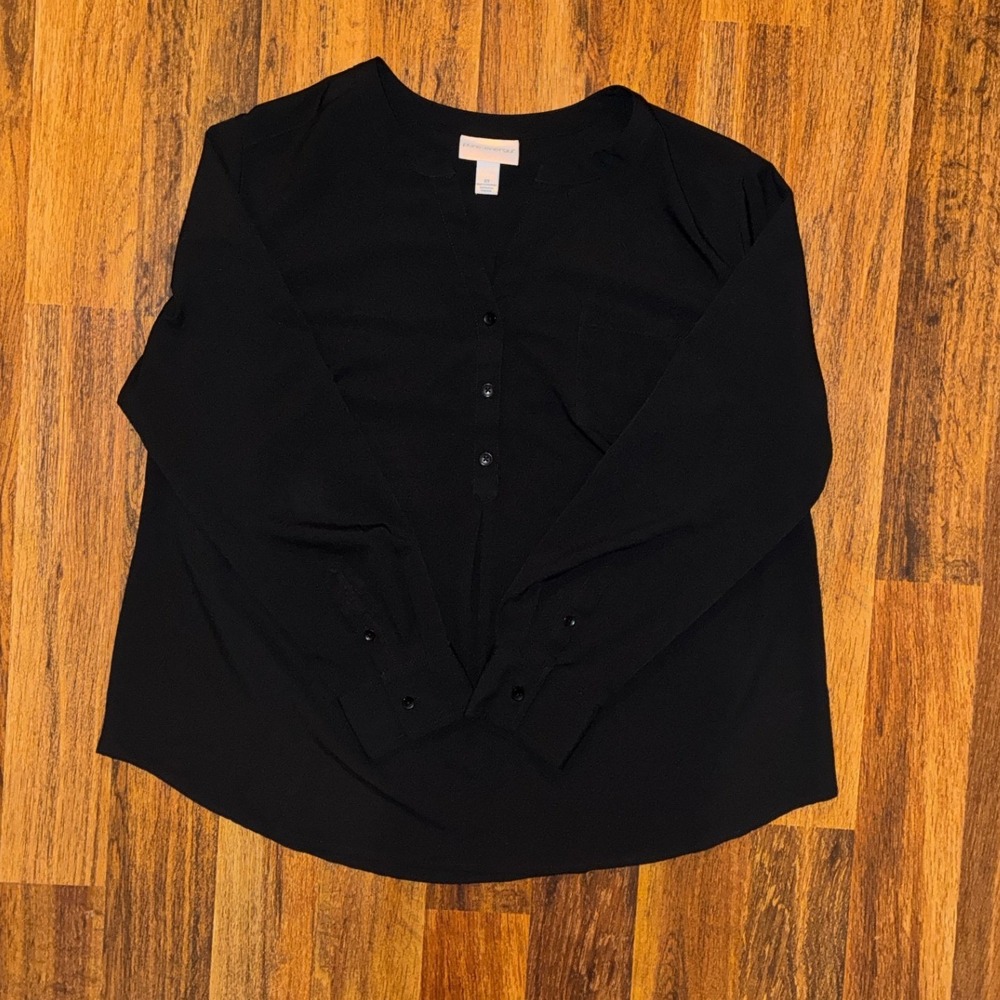 Pure Energy Womens 2X Black Blouse Long Sleeve Button Split Neck Plus Size Top